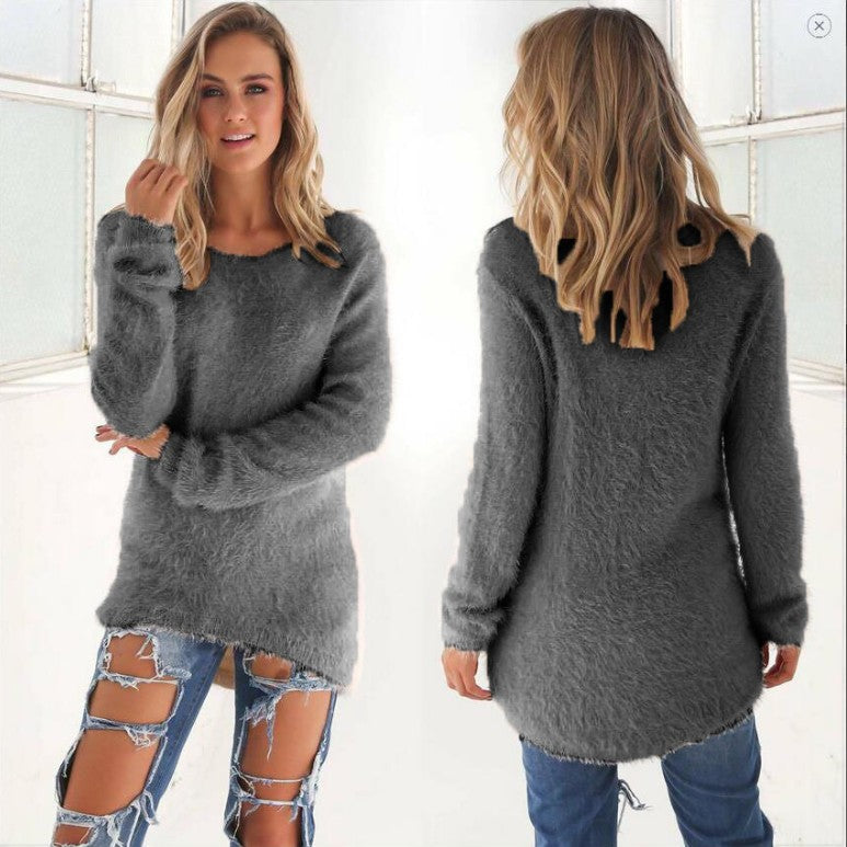 Fuzzy Knit Long Sleeve Sweater Top Round Neck Slim Fit