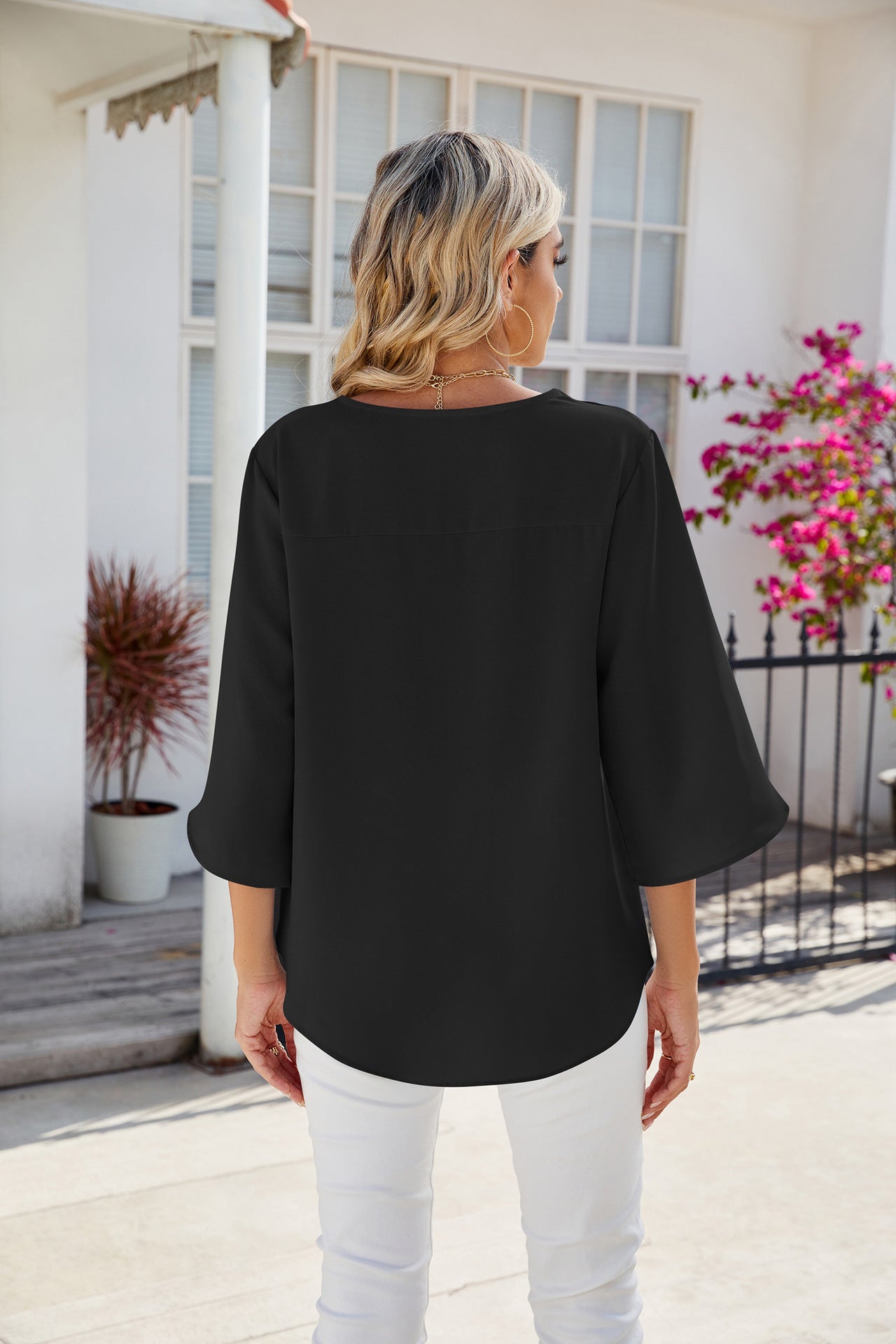 Solid Chiffon Blouse V Neck Loose Fit Custom Top