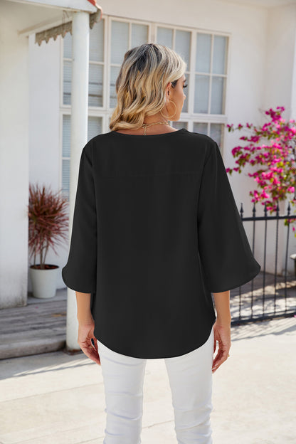 Solid Chiffon Blouse V Neck Loose Fit Custom Top