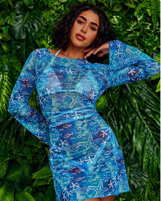Women's Floral Long Sleeve Mesh Beach Cover Up Dress