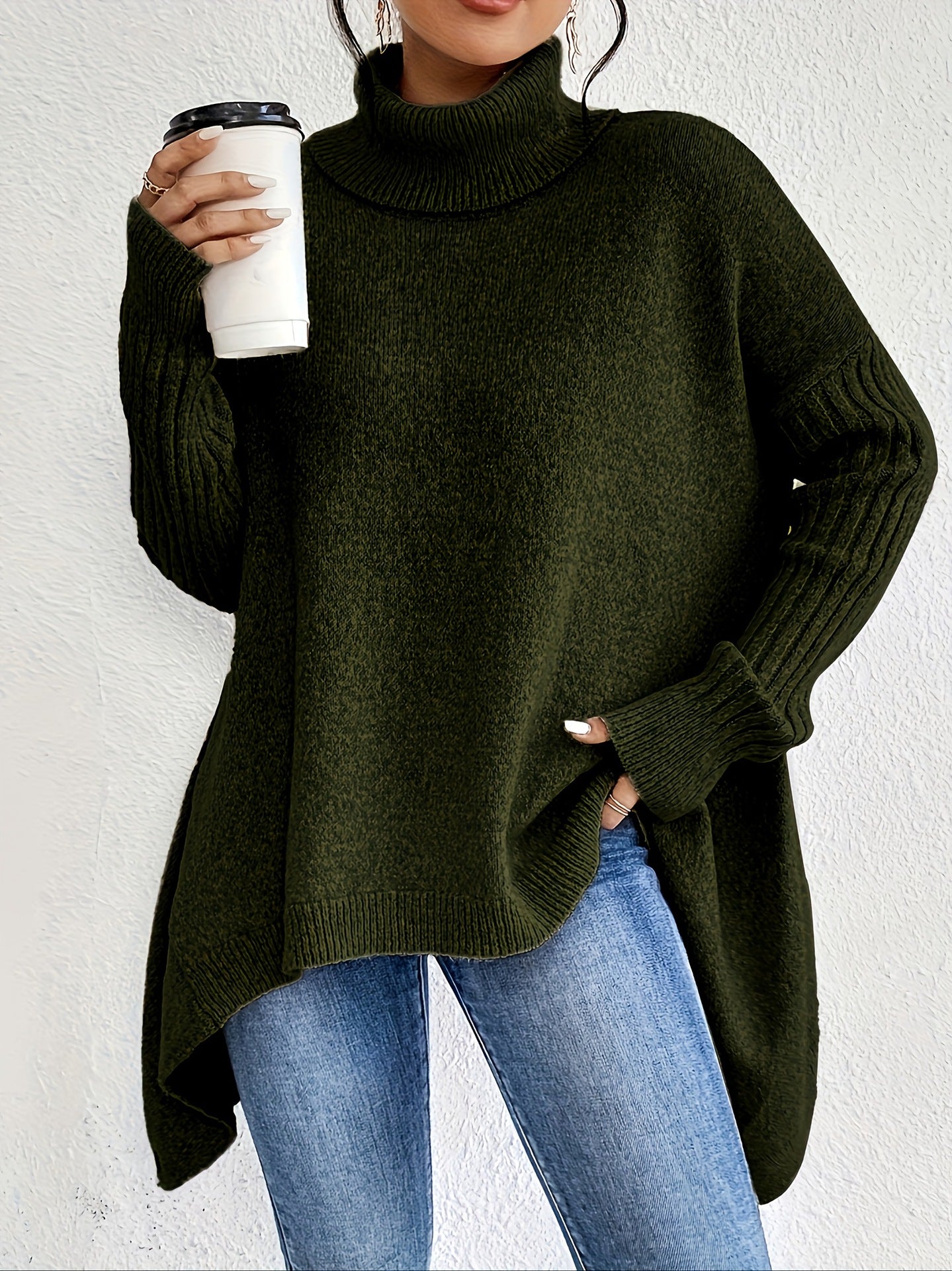Oversized Turtleneck Sweater Chunky Knit Drop Shoulder