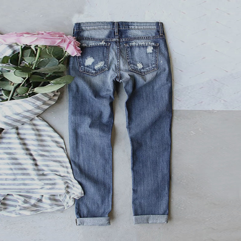 Game Day Mid-Rise Distressed Floral Print Straight Leg Denim Jeans