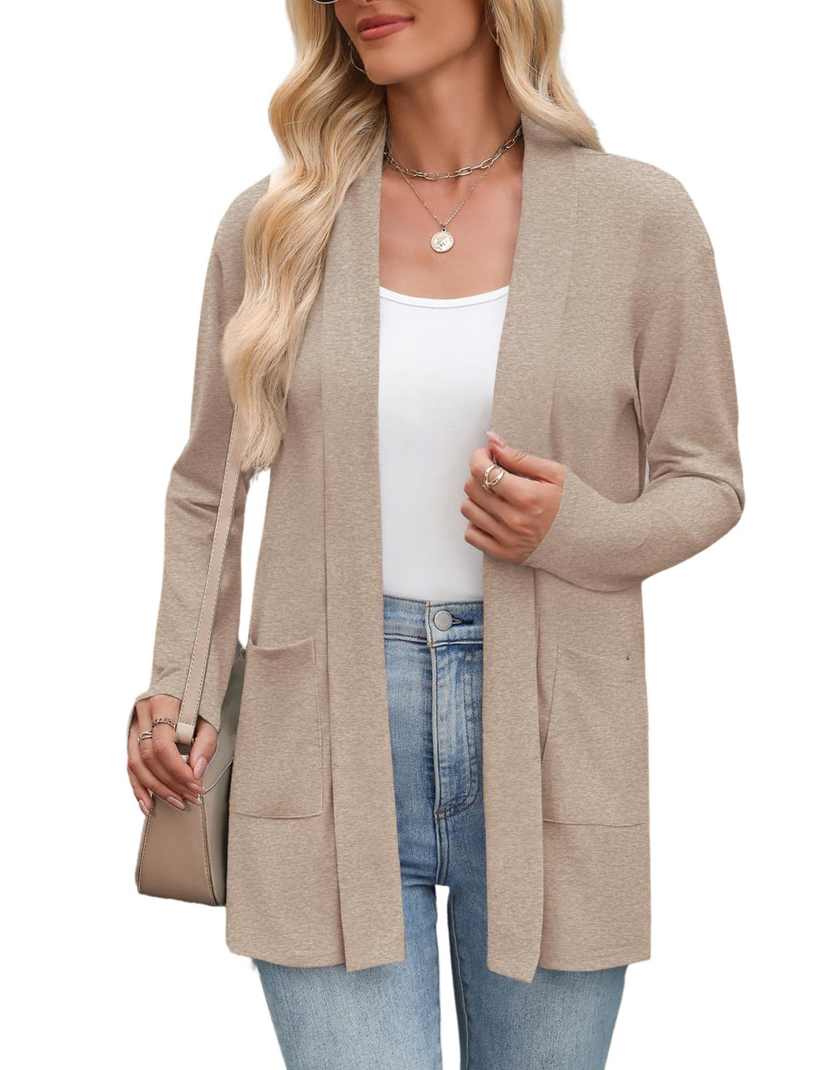 Women's Open Front Lightweight Cardigan Long Sleeve Pockets