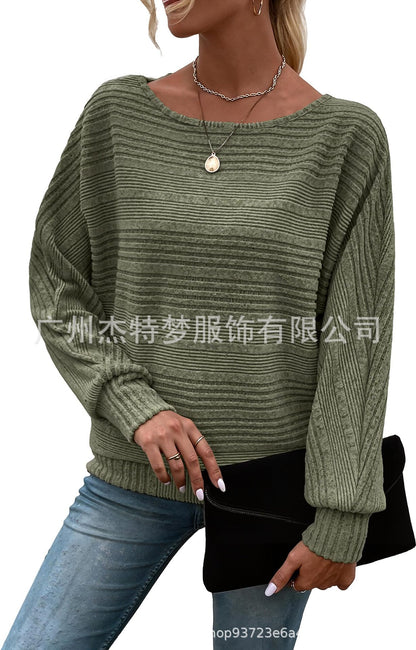 Ribbed Batwing Sleeve Sweater Top Women Casual Pullover