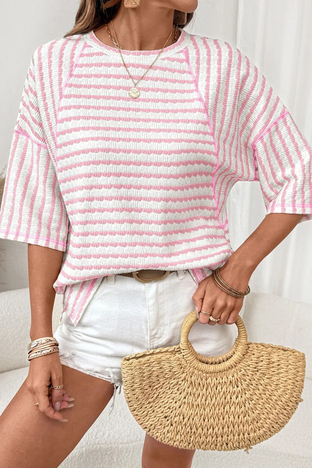 Striped Cotton Blend Tee Casual Half Sleeve Top