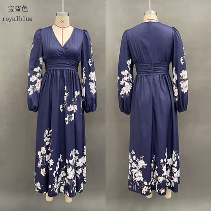 Floral V Neck Pleated Long Sleeve Maxi Dress