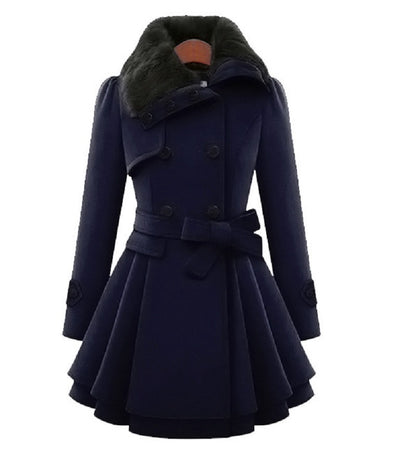 Women's Double Breasted Wool Coat Faux Fur Collar Swing
