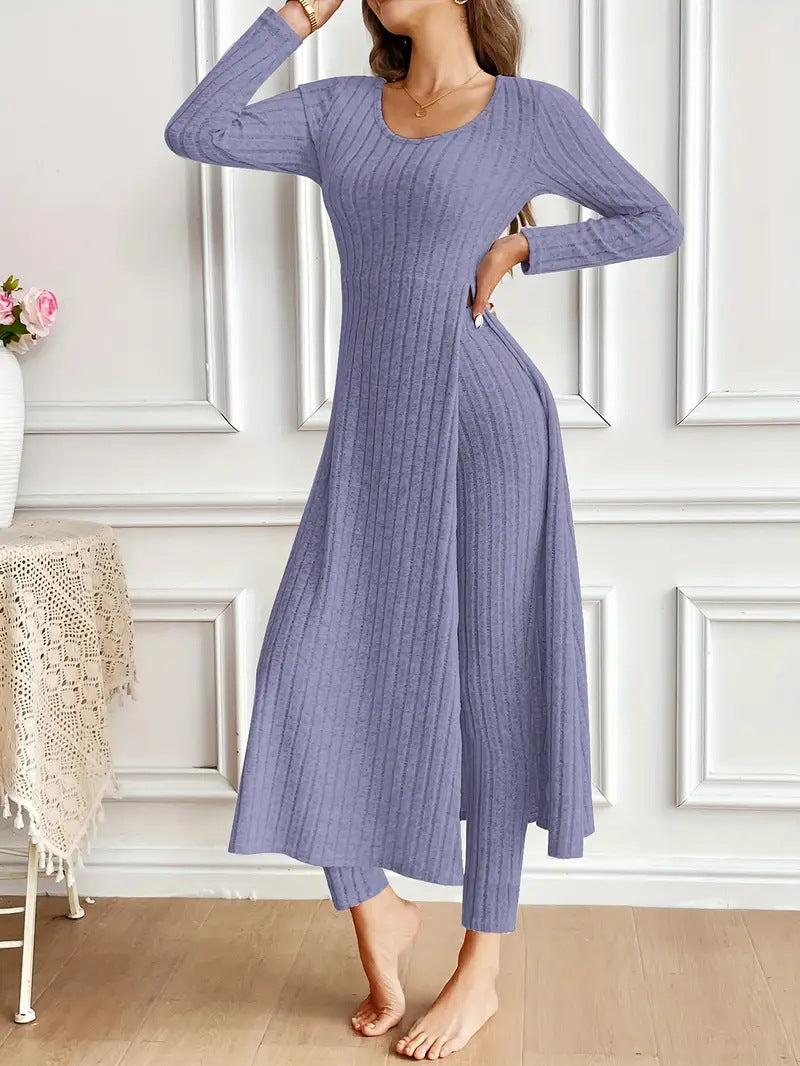 Women's Ribbed Knit Side Split Long Sleeve Two Piece Set
