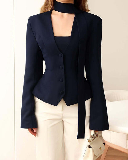 Women's V-Neck Fitted Long Sleeve Tie Blazer