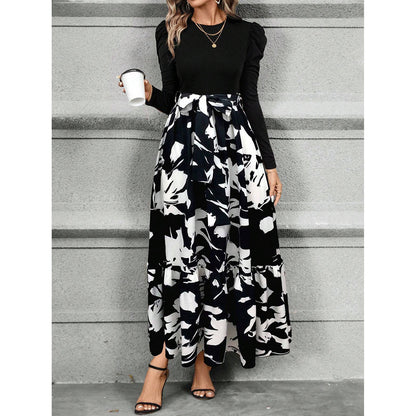 Women's Floral Tiered Maxi Dress Long Sleeve Belted Casual