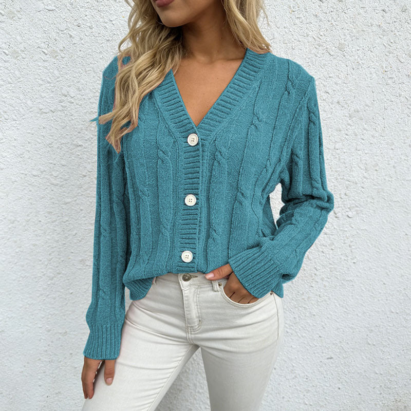Women's Chenille Cable Knit V Neck Button Cardigan