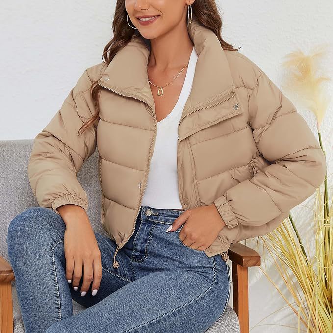 Women's Cropped Quilted Puffer Jacket Stand Collar