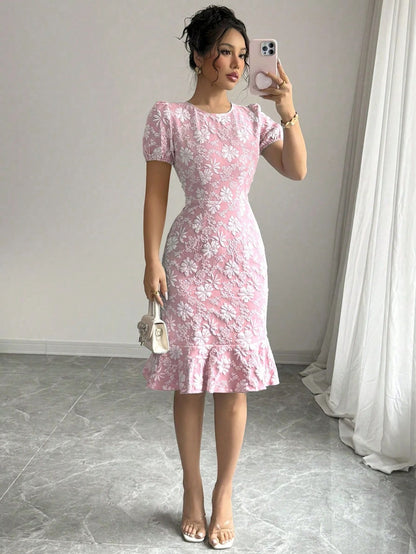 Short Sleeve Round Neck Slim Fit Office Dress