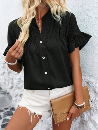 Cotton Linen Pleated Button Down Mandarin Collar Top