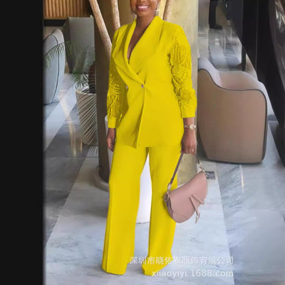 Women's Lace Sleeve Blazer & Pants Workwear Two Piece Set