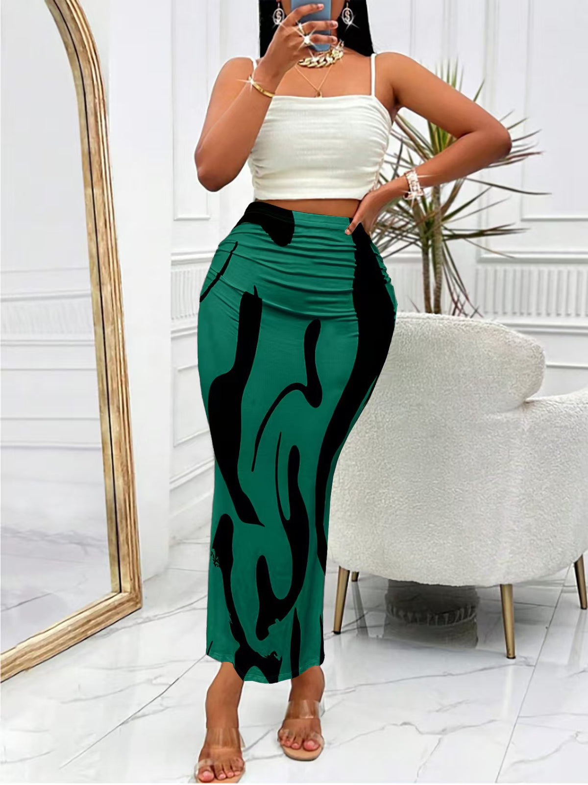 Zebra Print High Waist Ruched Bodycon Maxi Skirt