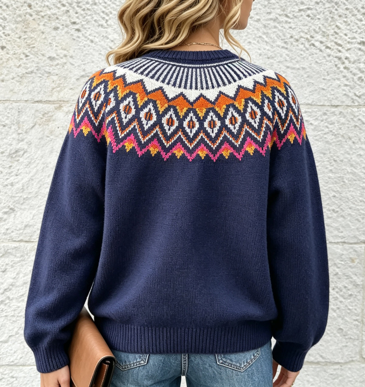 Women's Oversized Fair Isle Crew Neck Knit Sweater