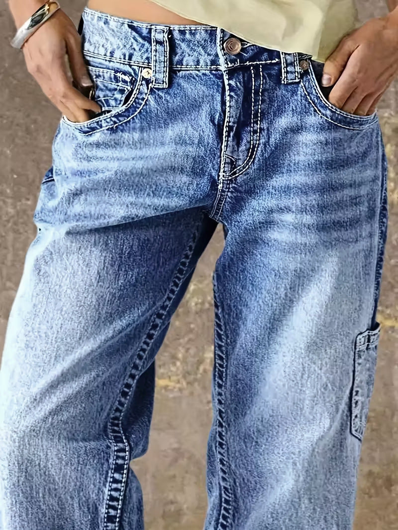 Washed Denim Cargo Wide Leg Jeans High Waist Vintage