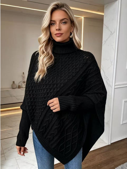 Women's Oversized Cable Knit Turtleneck Poncho Sweater