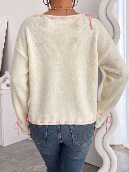 Women's Oversized Bow Crewneck Sweater Cream Knit Top