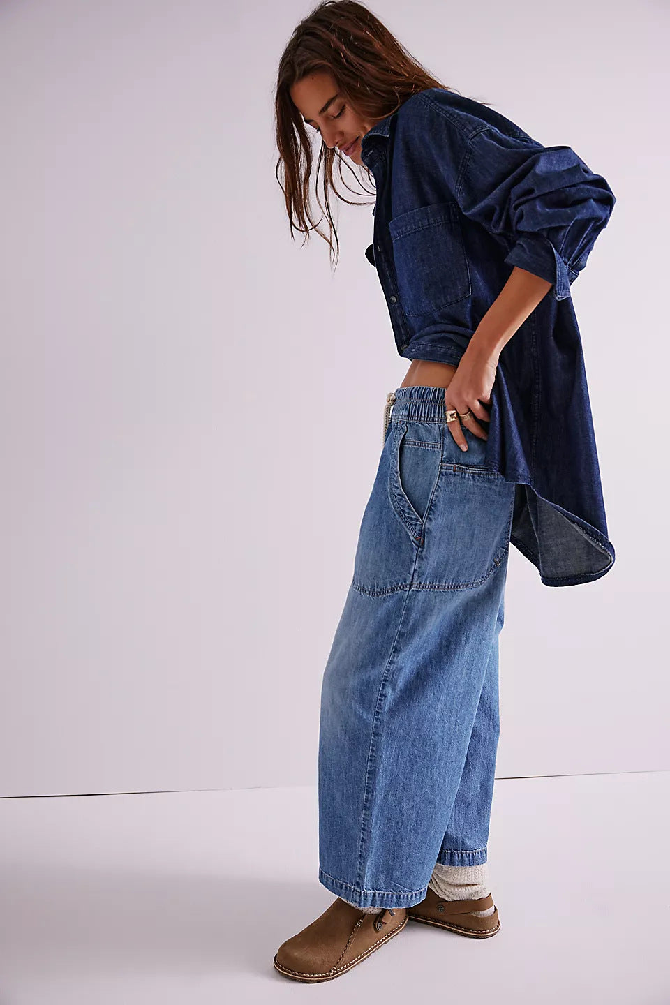 Women's Baggy Wide Leg Jeans Elastic Waist Drawstring