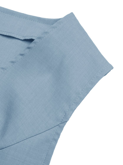 Blue Linen Look V Neck Vest & Shorts Set Summer Workwear