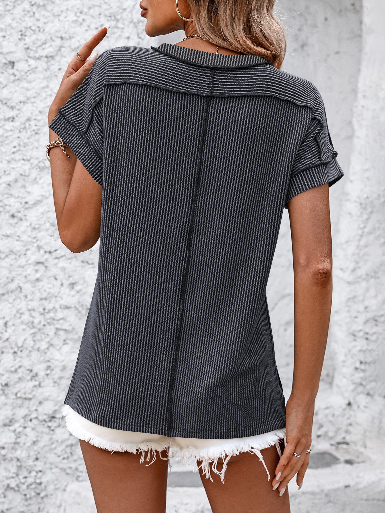 Women’s White Textured Ribbed Crew Neck Loose Tee