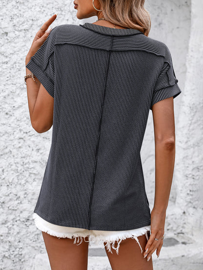 Women’s White Textured Ribbed Crew Neck Loose Tee