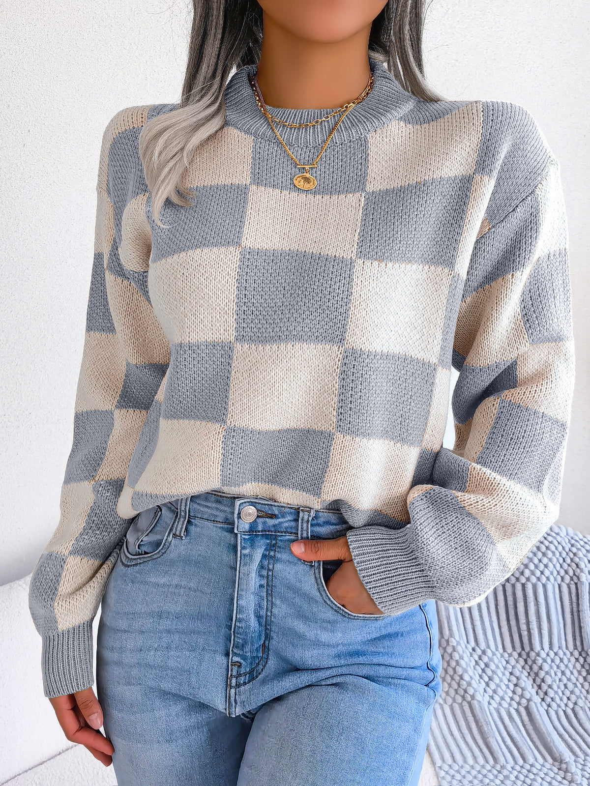 Women's Colorblock Checkerboard Balloon Sleeve Sweater