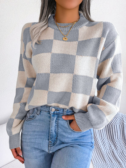 Women's Colorblock Checkerboard Balloon Sleeve Sweater