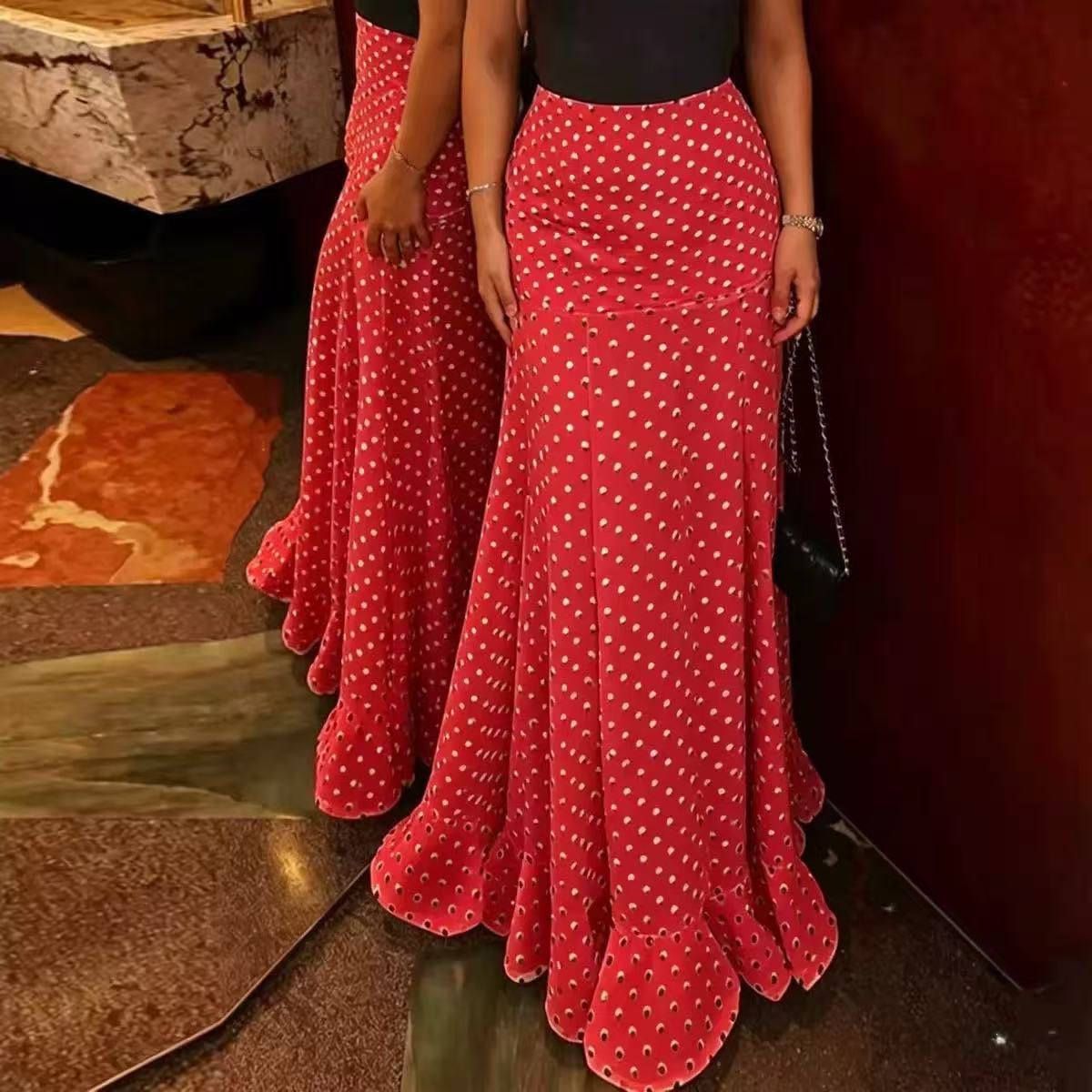 Women's Polka Dot High Waist Chiffon Maxi Skirt Ruffle Hem