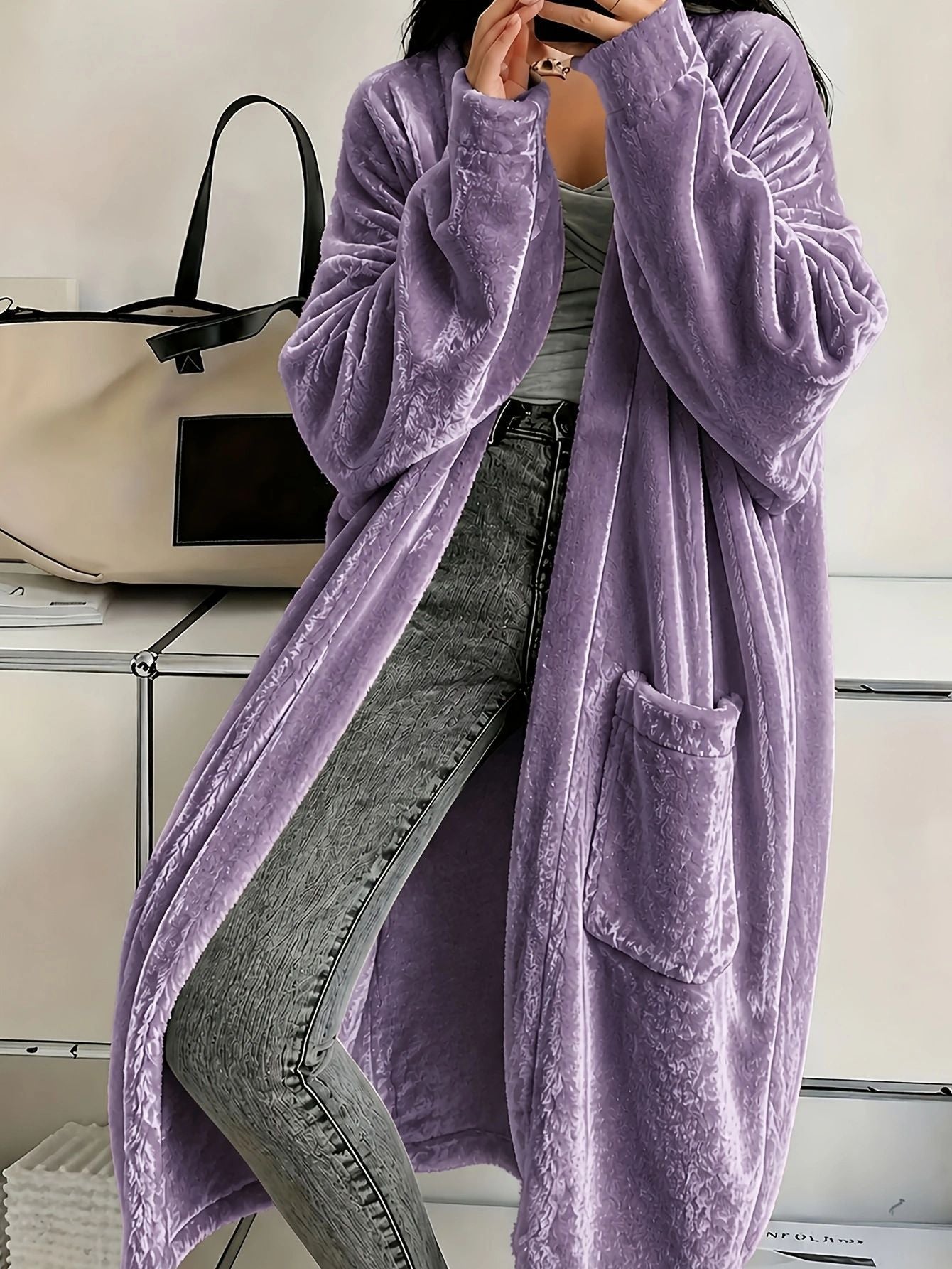 Women's Velvet Duster Coat Long Sleeve with Pockets