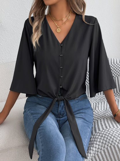 Women's V Neck Button Down Tie Front 3/4 Sleeve Blouse