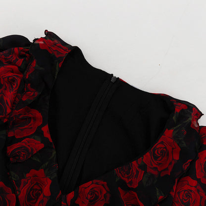 Floral V-Neck Long Sleeve Button Front A-Line Mini Dress