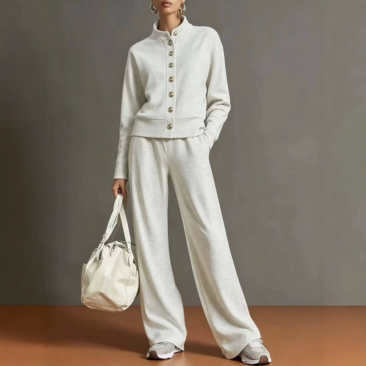 Women's 2 Piece Button Front Sweatshirt Wide Leg Set