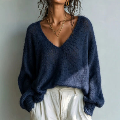 Women's Oversized V-Neck Open Knit Sweater