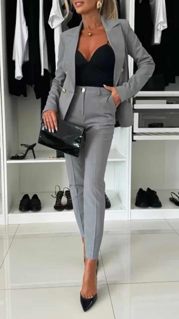 Women's Solid Blazer & Pants 2 Piece Business Casual Set