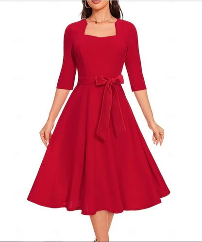 Square Neck Tie Waist A-Line Midi Dress 3/4 Sleeve Elegant