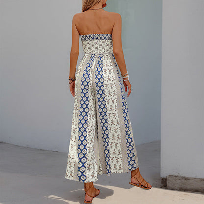 Boho Strapless Printed Wide Leg Jumpsuit Resort Romper