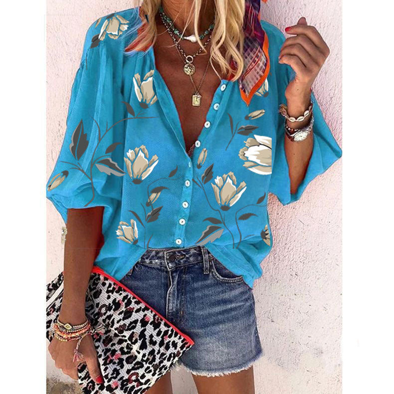 Women's Floral Print Puff Sleeve Button Down Blouse
