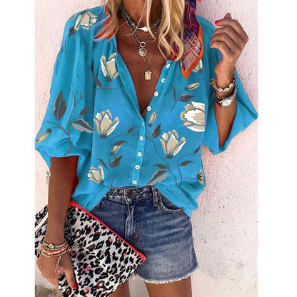 Women's Floral Print Puff Sleeve Button Down Blouse