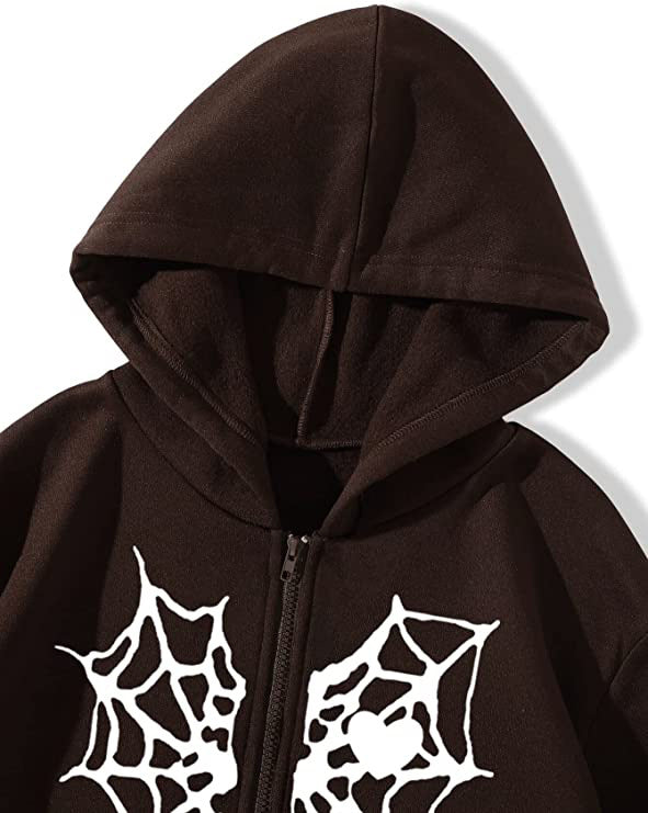 Women's Gothic Spider Web Heart Print Zip Up Hoodie
