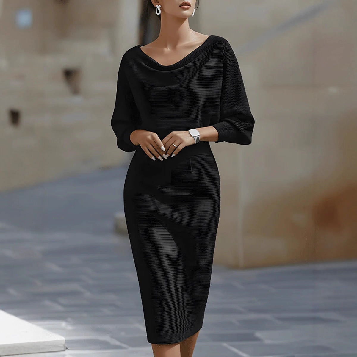 Women's Draped Cowl Neck Batwing Midi Dress
