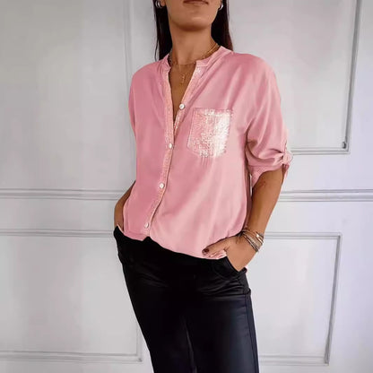 Women's Rhinestone 3/4 Sleeve Casual Button Down Blouse
