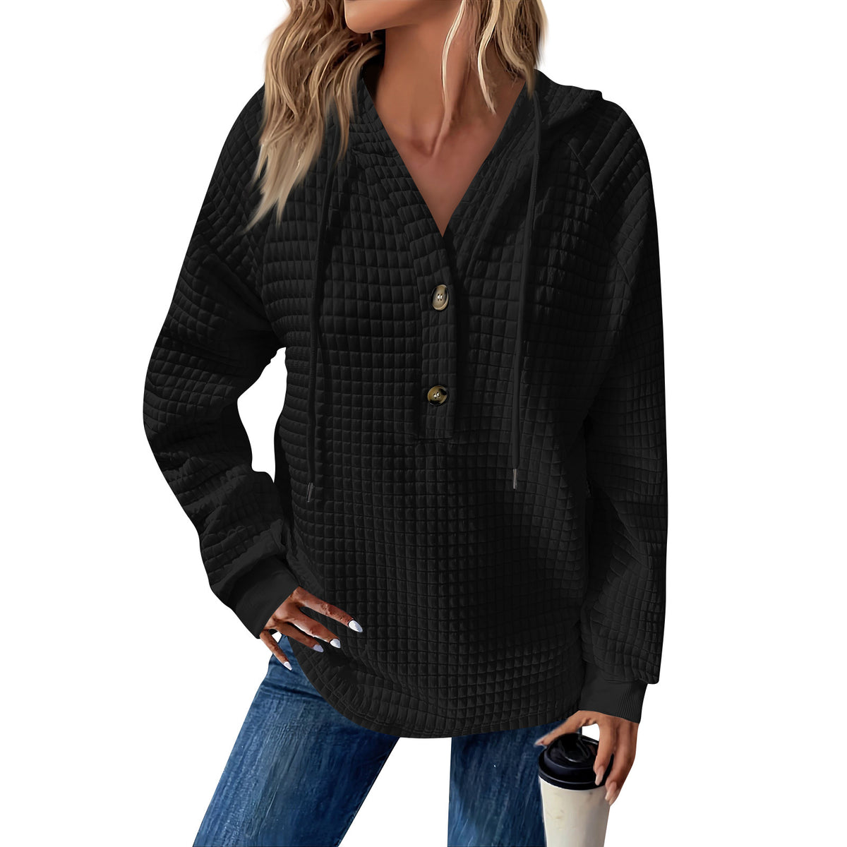 Women's Quilted V-Neck Button Hoodie Oversized Pullover