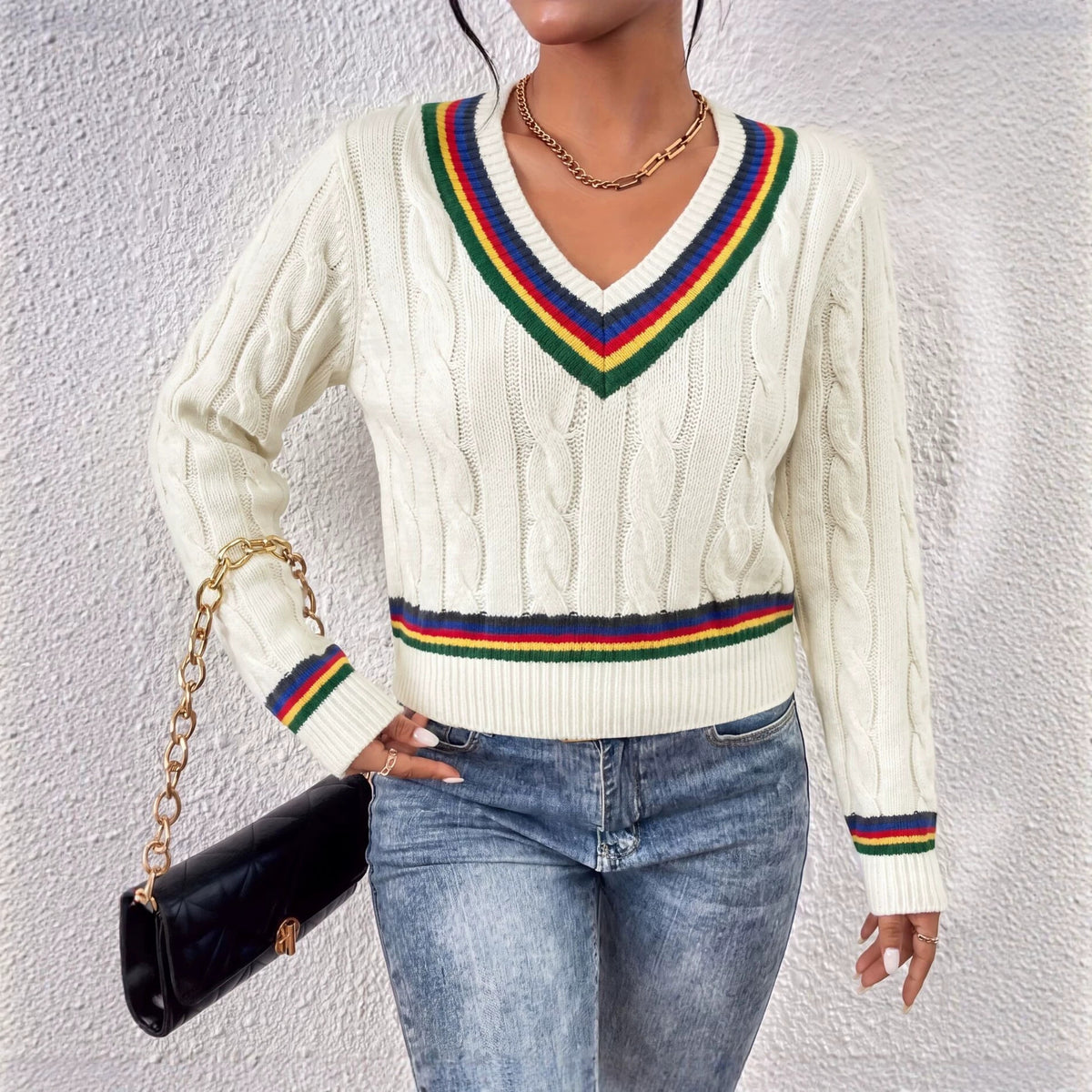 Women's V-Neck Cable Knit Rainbow Striped Sweater