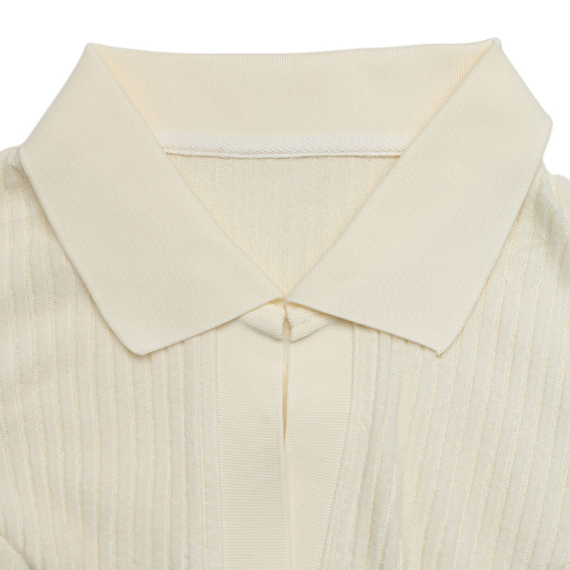 Ribbed Knit Polo Midi Dress Long Sleeve A-Line