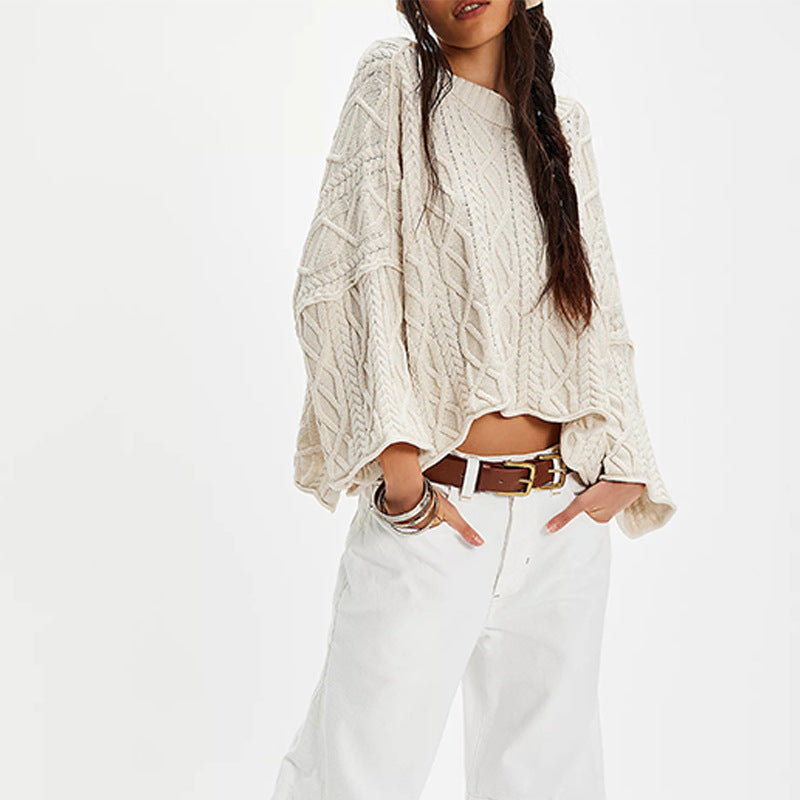 Chunky Cable Knit Crop Sweater–Loose Boho Crewneck Pullover