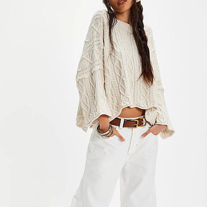 Chunky Cable Knit Crop Sweater–Loose Boho Crewneck Pullover