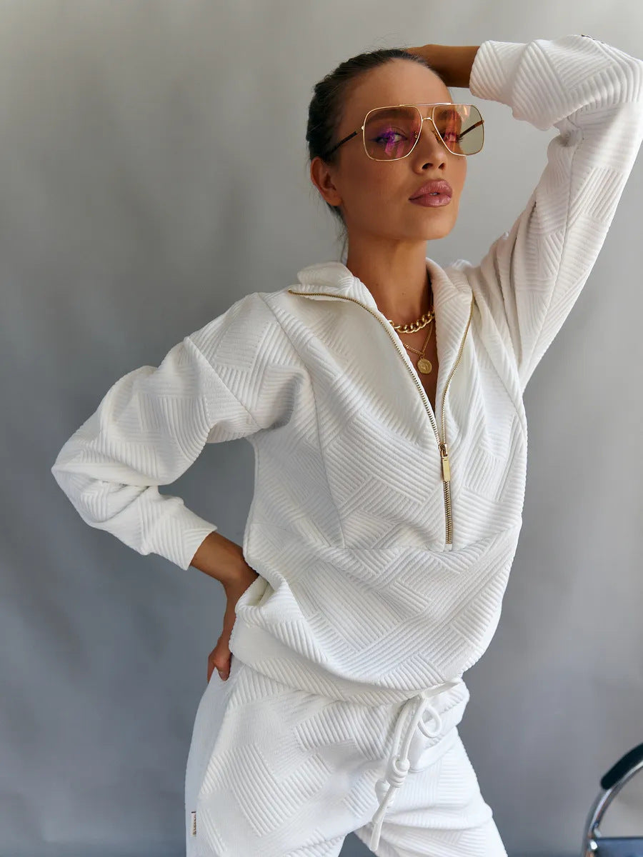 Women's Textured Half Zip Sweatshirt Jogger Set